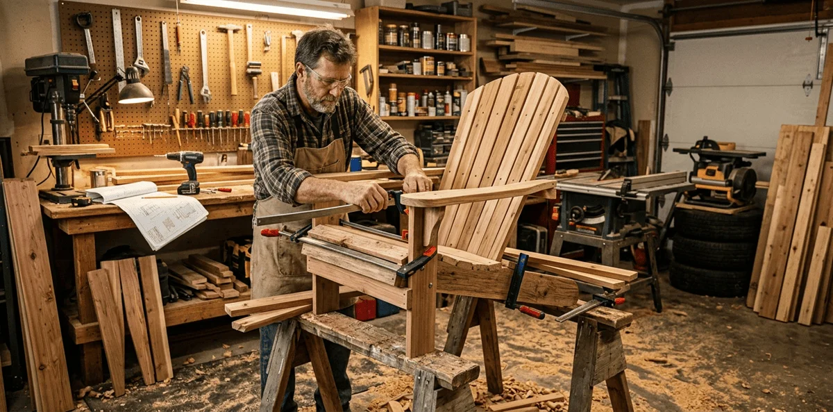 Woodworker building an Adirondack chair in his garage workshop — mid-assembly with clamps and cedar boards