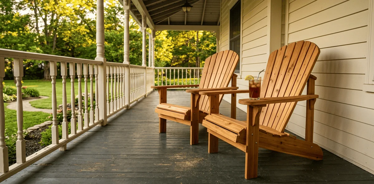 Two handmade cedar Adirondack chairs on a wraparound porch of an American home at golden hour