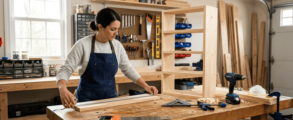 Beginner female woodworker measuring and building a bookshelf in a home garage workshop