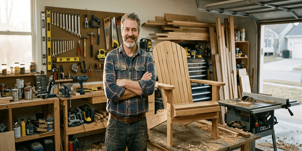Proud American woodworker standing next to his finished handmade Adirondack chair in his garage workshop
