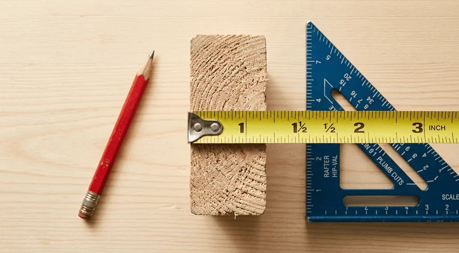 Cross-section of lumber showing actual milled dimensions vs nominal size on a tape measure