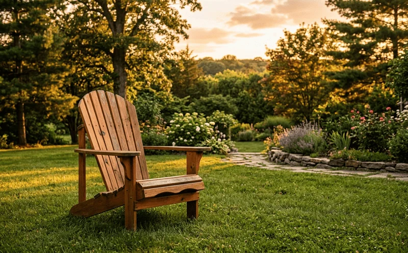 Classic handmade cedar Adirondack chair on a backyard lawn at golden hour sunset