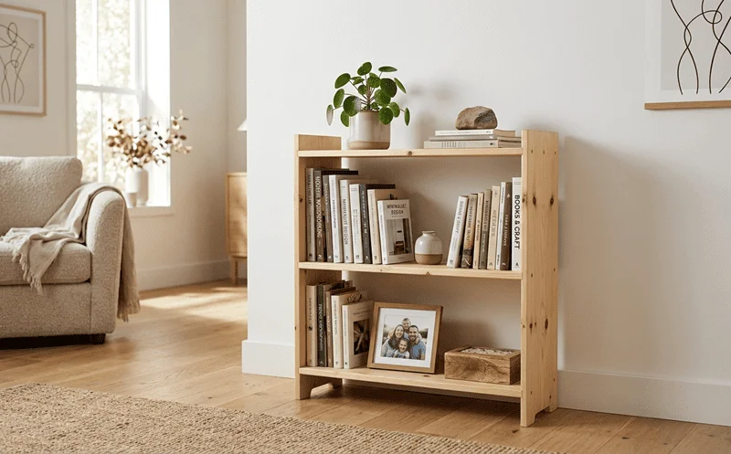 Handmade pine three-shelf bookcase in a bright living room with books and plants