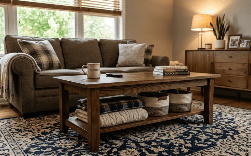 Handmade solid wood coffee table with lower shelf in a cozy American living room