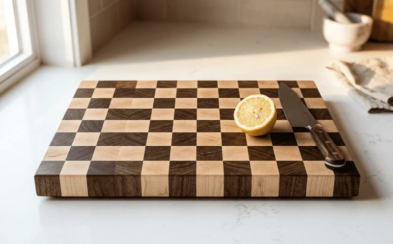 Beautiful handmade end-grain cutting board with walnut and maple checkerboard pattern