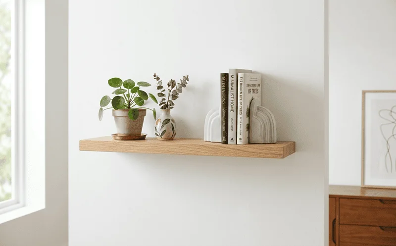 Handmade oak floating wall shelf with plant and books in a modern home interior