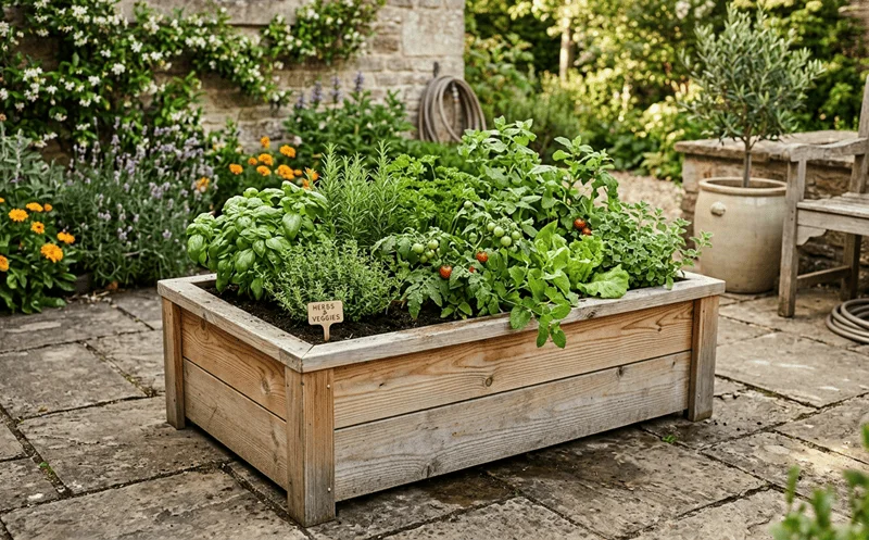 Cedar wood raised garden planter box filled with herbs and vegetables on a patio