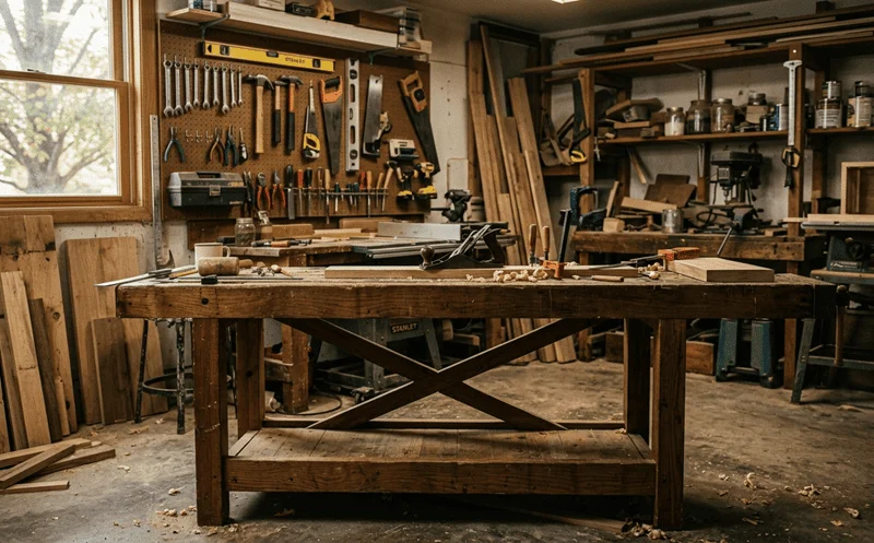 Solid handmade flat-top woodworking workbench in a home garage workshop with tools