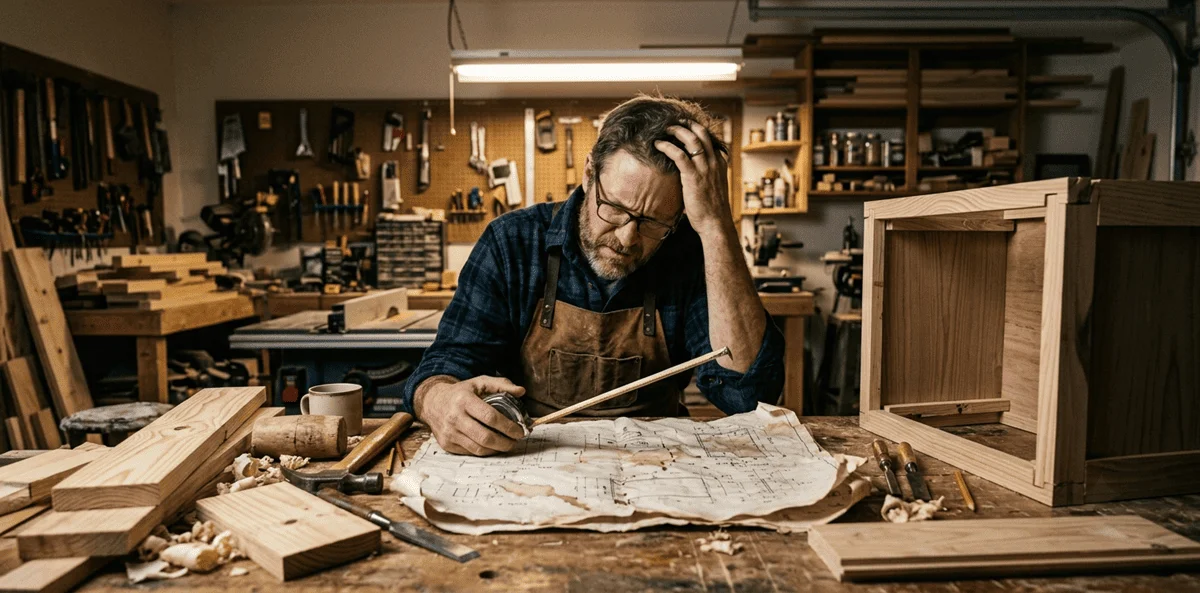 Frustrated woodworker struggling with a bad woodworking plan — measurements that don't match at the workbench