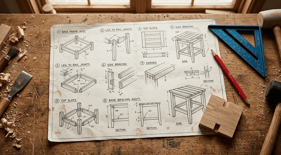 Detailed woodworking plan with numbered step-by-step assembly instructions and diagrams