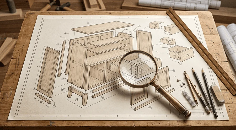 Professional woodworking schematic showing exploded cabinet view with joint details and magnifying glass