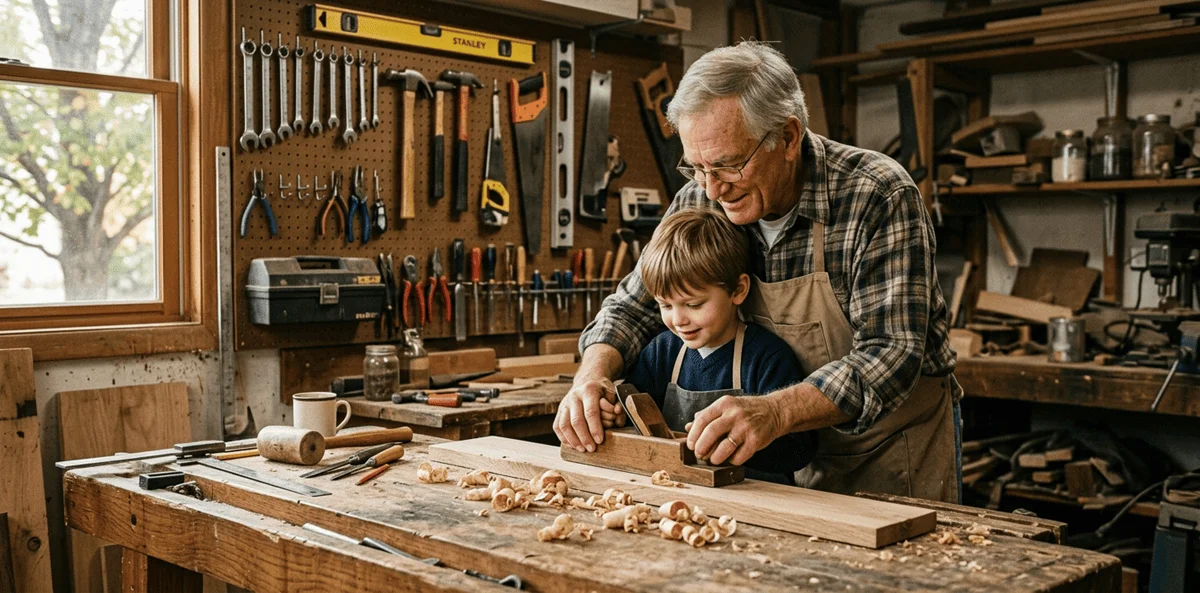 Grandfather teaching grandson woodworking — passing down the craft of building with wood