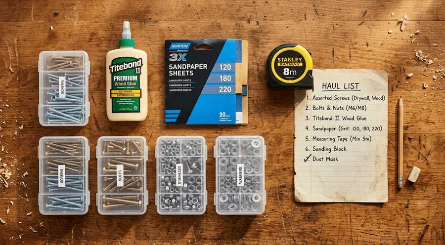 Complete woodworking hardware haul — screws, bolts, glue, sandpaper and materials list