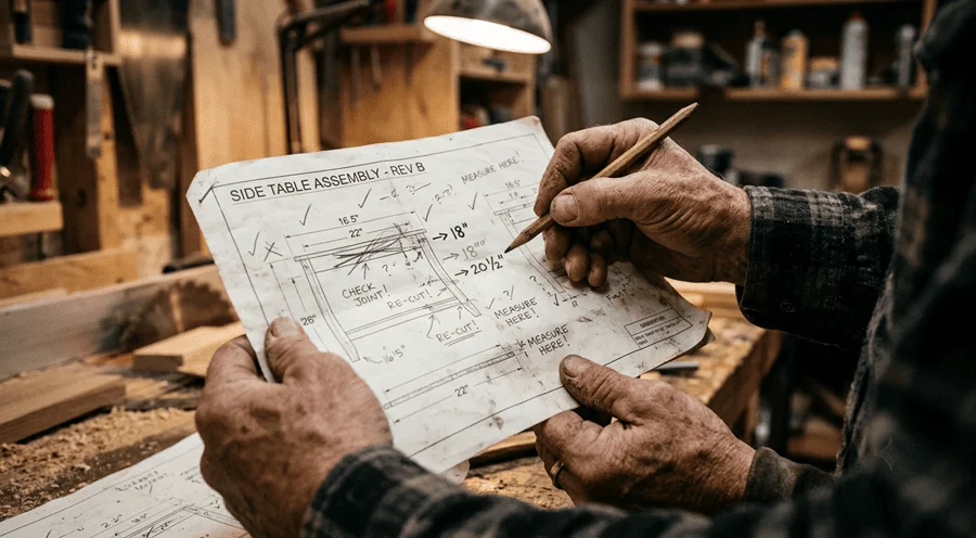 Experienced woodworker's hands holding a woodworking plan with handwritten corrections and checkmarks